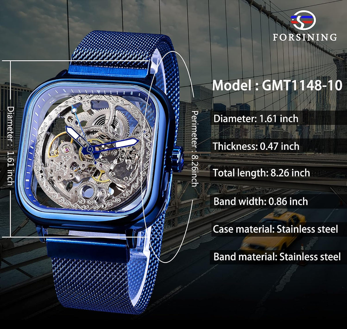 FORSINING Relojes automáticos Reloj de pulsera mecánico dorado para hombre Relojes de esqueleto con esfera transparente de acero inoxidable con movimiento de flor real talla