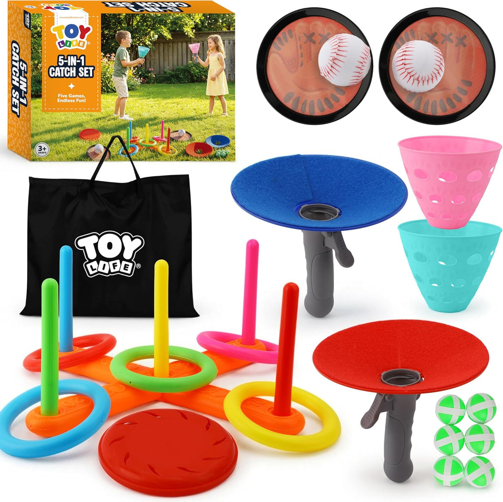 TOY Life Juego de pelota de lanzar y atrapar 5 en 1 para niños, juego de captura de bolas adhesivas con guantes y bolas, lanzamiento de anillo, juegos al aire libre y patio, juegos de playa para niños