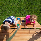 Backyard Discovery Mount Mckinley - Juego de columpio de madera de cedro con tobogán de olas, plataforma de juego, pared de escalada doble, escalera de cuerda, columpio de red, columpios de cinturón