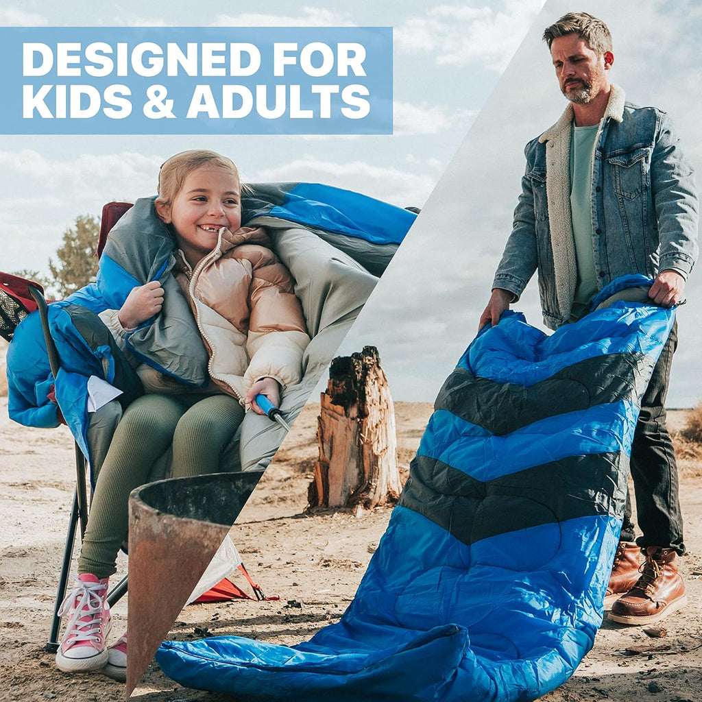 MalloMe Sacos de dormir para adultos para clima frío y cálido, saco de dormir para mochileros para niños de 10 a 12 años, niñas, niños, ligeros, compactos, artículos esenciales para acampar