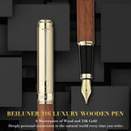 BEILUNER Pluma estilográfica 316, impresionante palo de rosa de lujo, plumín dorado de 24 quilates (medio), hermoso acabado de oro de 24 quilates, convertidor de tinta, el mejor regalo para hombres y