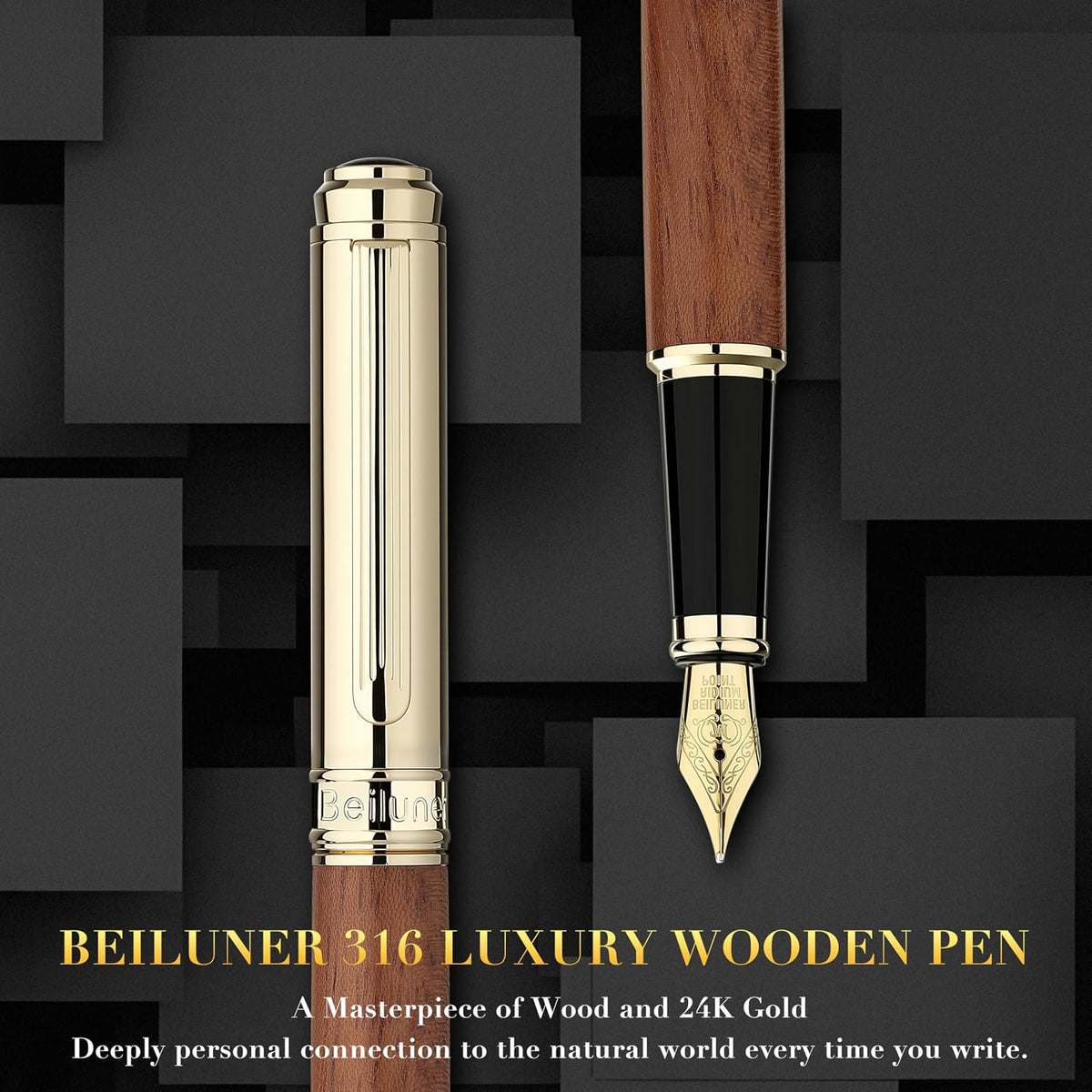 BEILUNER Pluma estilográfica 316, impresionante palo de rosa de lujo, plumín dorado de 24 quilates (medio), hermoso acabado de oro de 24 quilates, convertidor de tinta, el mejor regalo para hombres y