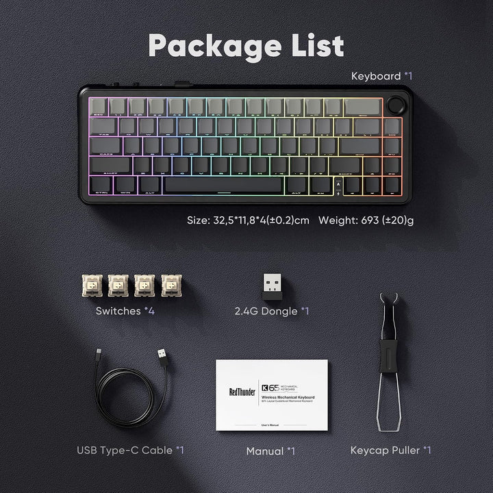 Teclado mecánico inalámbrico para juegos RedThunder K65, conexión d...