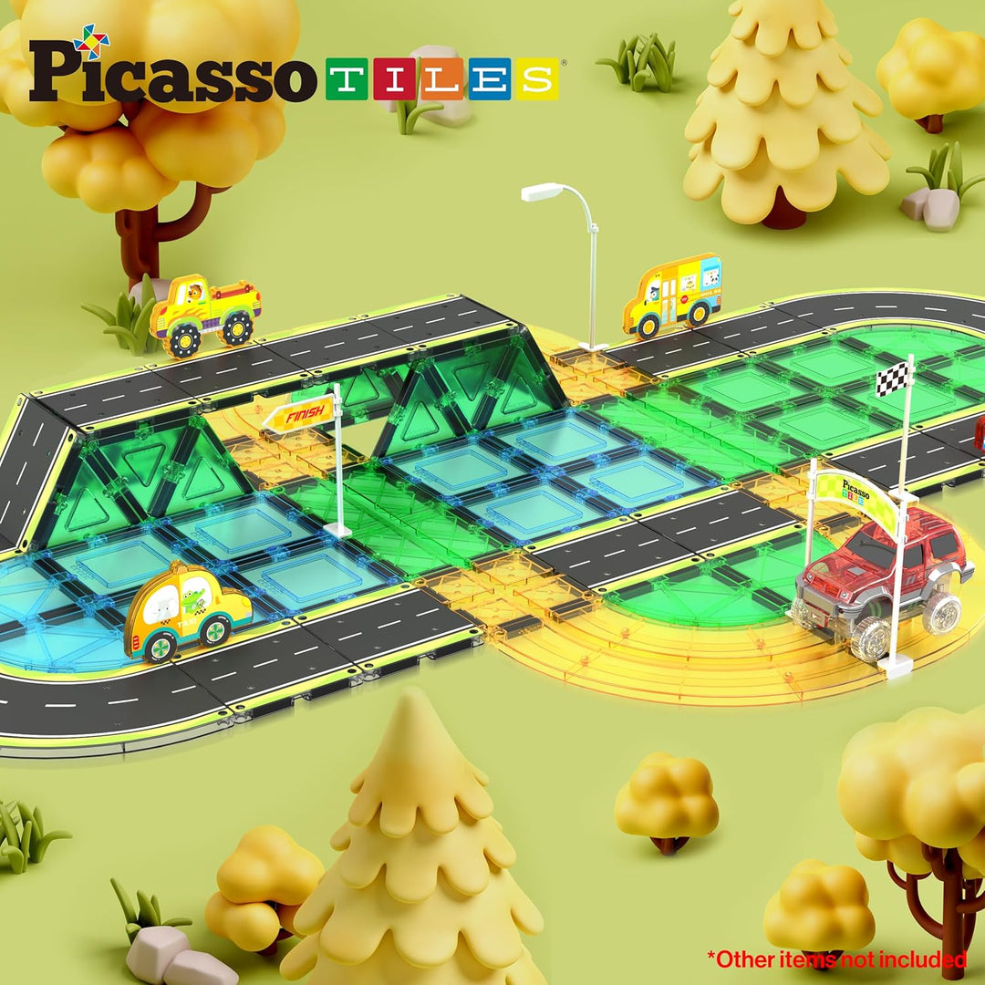 PicassoTiles Azulejos Magnéticos de Construcción Pista de Autos Veh...