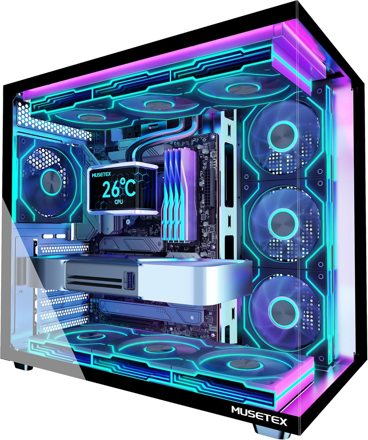 MUSETEX Y6 Funda de PC, 7 ventiladores Infinity Mirror PWM ARGB pre...