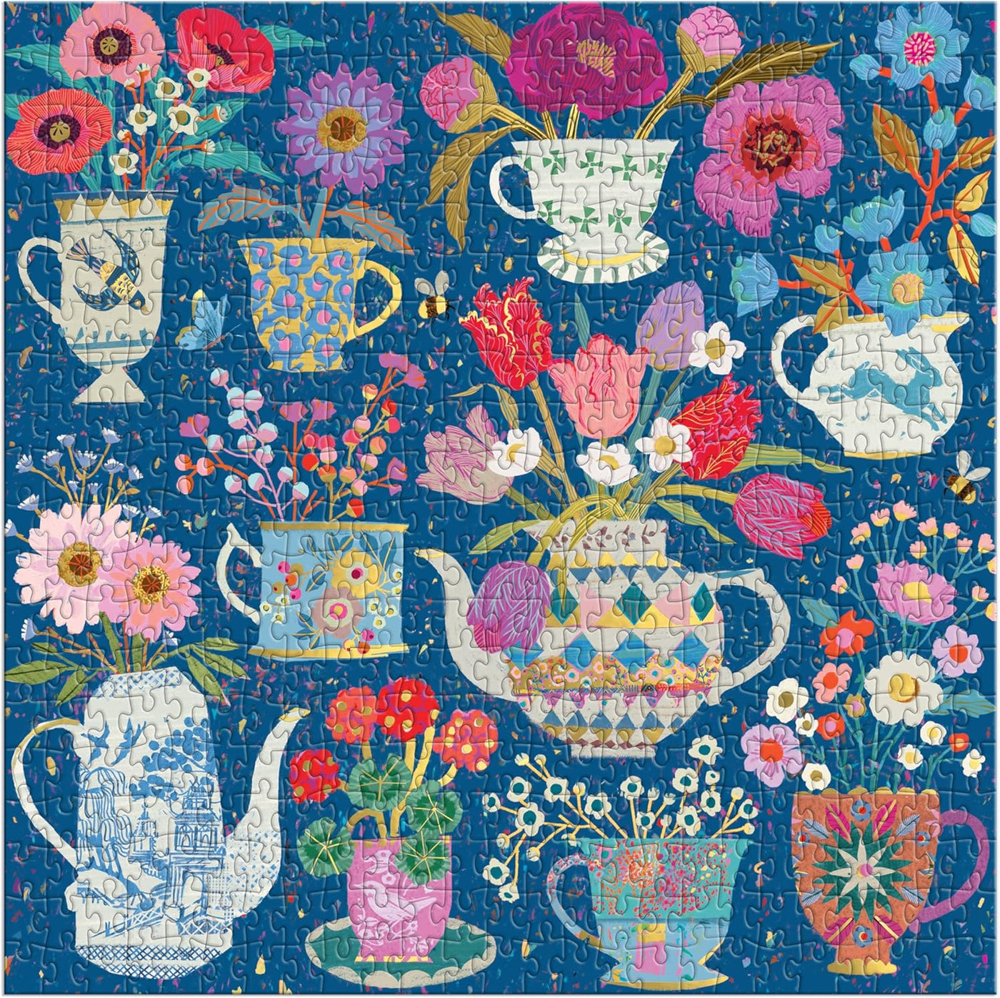 Galison Tazas de té en maceta, rompecabezas de 500 piezas de papel de aluminio con hermosas ilustraciones de tazas de té en maceta con fondo floral