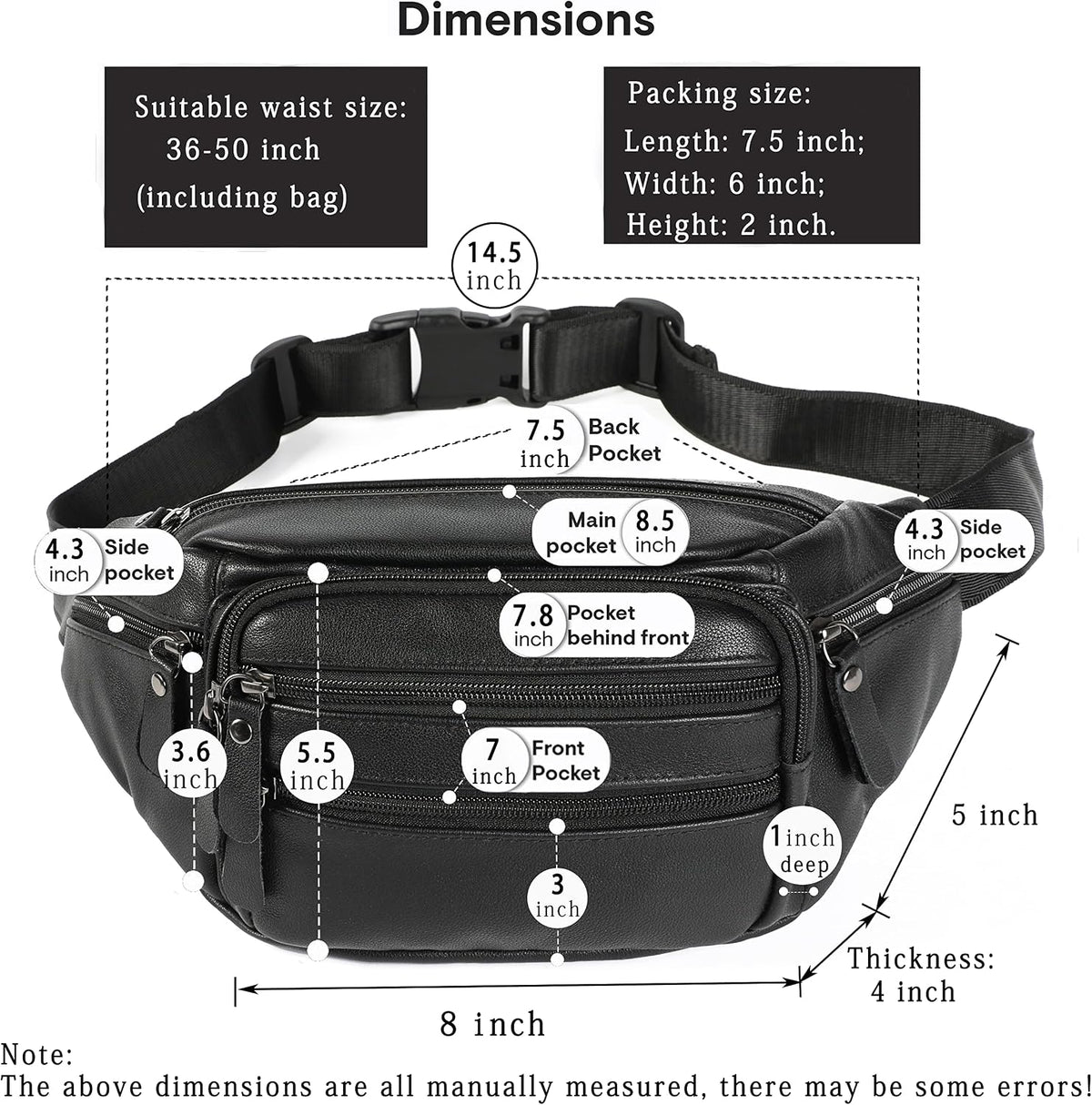Riñonera de cuero negro para hombres y mujeres, bolsa de cintura de cuero genuino, bolsa de cinturón cruzada con correa ajustable para caminar, senderismo, ciclismo, Moda