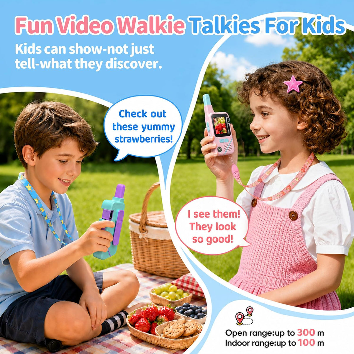 Walkie Talkies de video para niños, paquete de 2 con cámara giratoria de 180°, juguetes de largo alcance, recargable, clip y cordón, regalos de cumpleaños para niños y niñas de 3 a 12 años, interiores