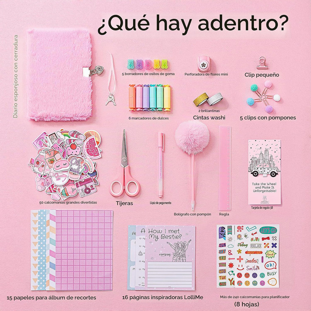 HAPPY LOLLI Pink LolliME - Kit de diario de bricolaje para adolescentes y niñas de 8 a 14 años, regalo de cumpleaños, juego de diario con cerradura de 300 piezas, artes y manualidades, álbum de recortes y diario creativo