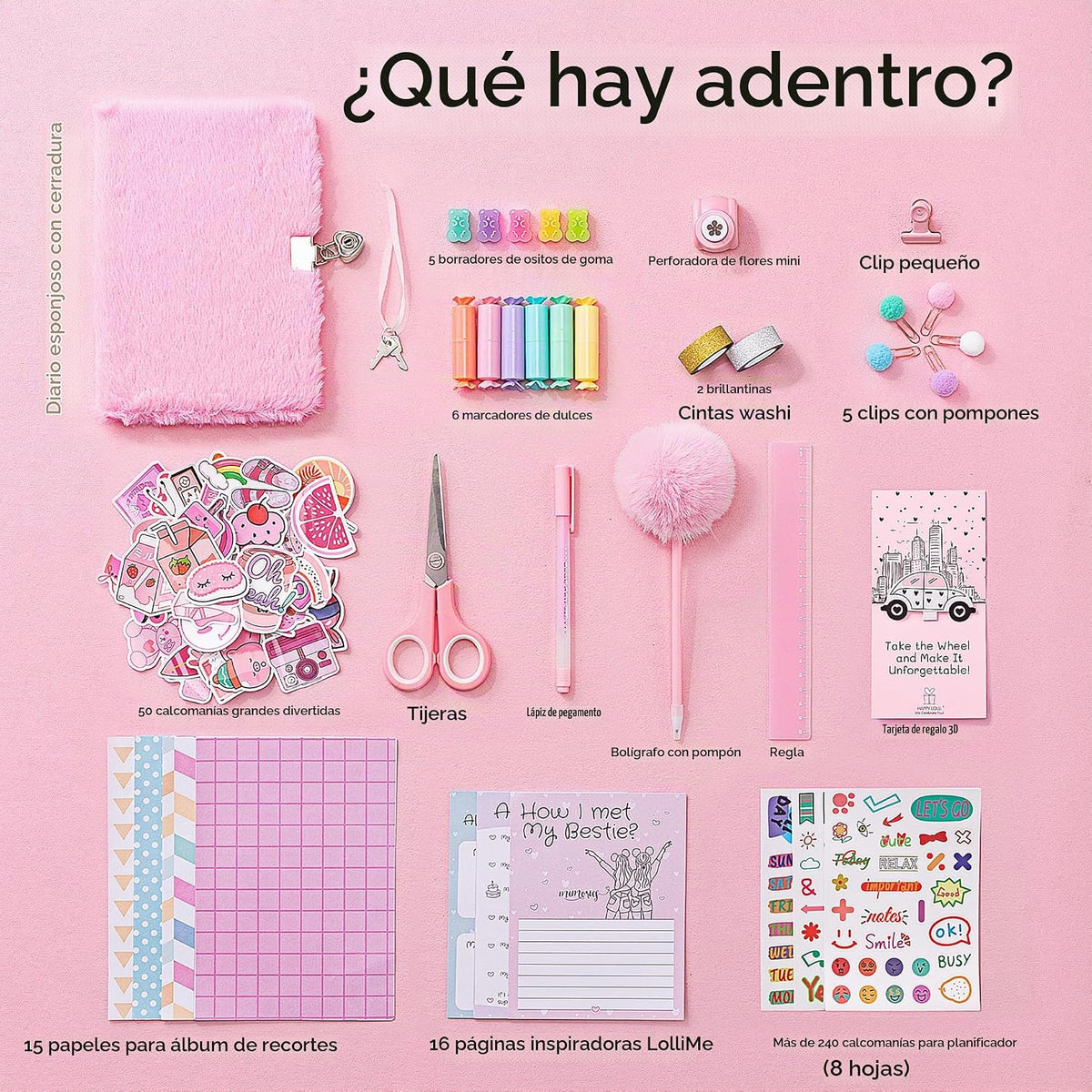 HAPPY LOLLI Pink LolliME - Kit de diario de bricolaje para adolescentes y niñas de 8 a 14 años, regalo de cumpleaños, juego de diario con cerradura de 300 piezas, artes y manualidades, álbum de recortes y diario creativo
