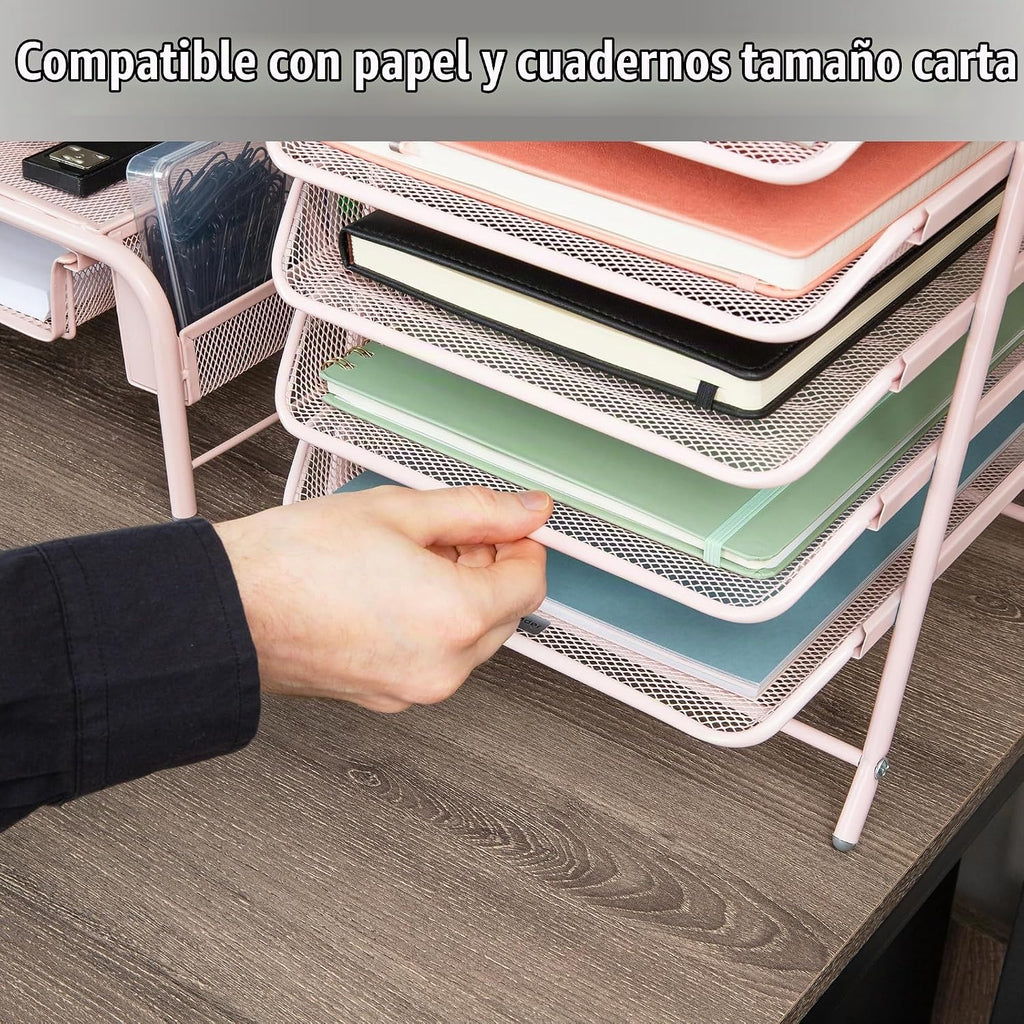 Mind Reader 5-Tier Paper Tray Organizer, Vertical Desktop File Storage Rack, Office, metal Mesh, Pink