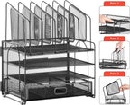 Lámpara Marbrasse Desk organizer with Drawer, 4-Tier Mesh File Organizer with 5 Vertical File Holders and 2 Pen Holders, Multifunction Desktop Organizer,Desk Organizers and Accessories for Home Office