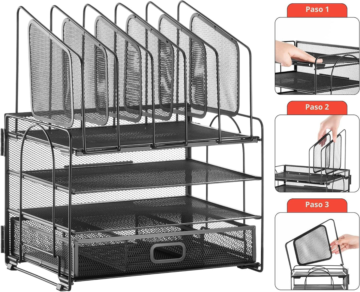 Lámpara Marbrasse Desk organizer with Drawer, 4-Tier Mesh File Organizer with 5 Vertical File Holders and 2 Pen Holders, Multifunction Desktop Organizer,Desk Organizers and Accessories for Home Office