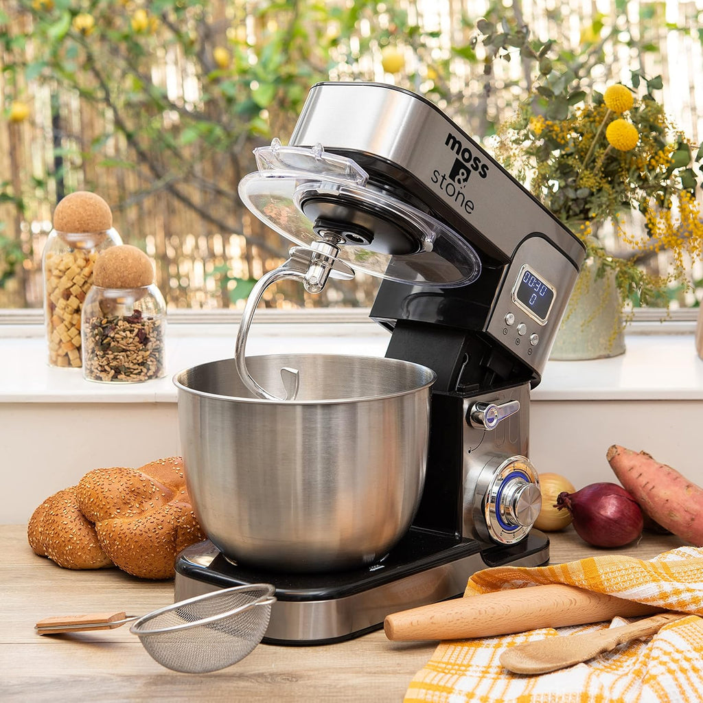Mezclador de pie Moss & Stone con pantalla LCD, mezclador eléctrico de 6 velocidades con tazón de mezcla de acero inoxidable de 5.5 cuartos, mezclador de cocina con gancho para masa, batidor de huevos