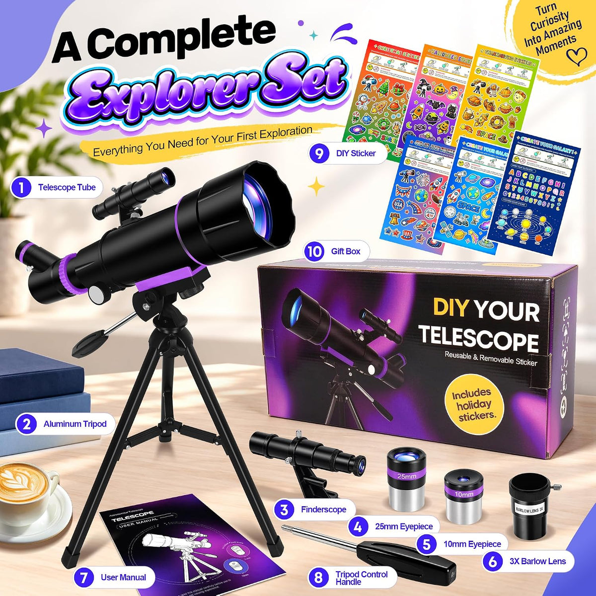 Telescopio para niños de 8 a 12 años y adultos, refractor de 3.150