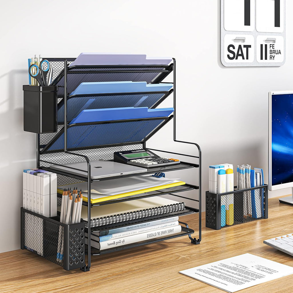 Simple Trending - Organizador de archivos de escritorio de 7 niveles, organizador de bandejas de papel tamaño carta con soporte para bolígrafos y canasta colgante de metal, negro