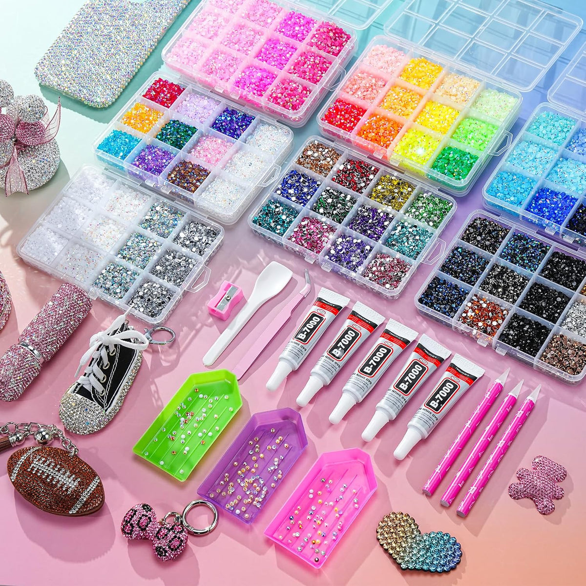 Kit de 120,000 piezas de diamantes de imitación de gelatina con 84 colores en 7 cajas, kit Bedazzler con diamantes de imitación de resina de 0.118 in, incluye 5 pegamentos y herramientas para arte de