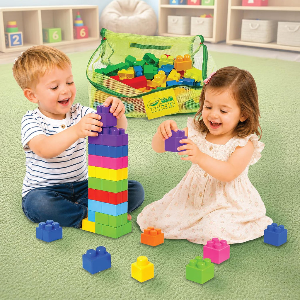 Crayola Bloques de construcción para niños pequeños, juego de bloques de construcción grandes de 200 piezas con bolsa de almacenamiento de malla con cremallera, ruedas adicionales, juguete apilable