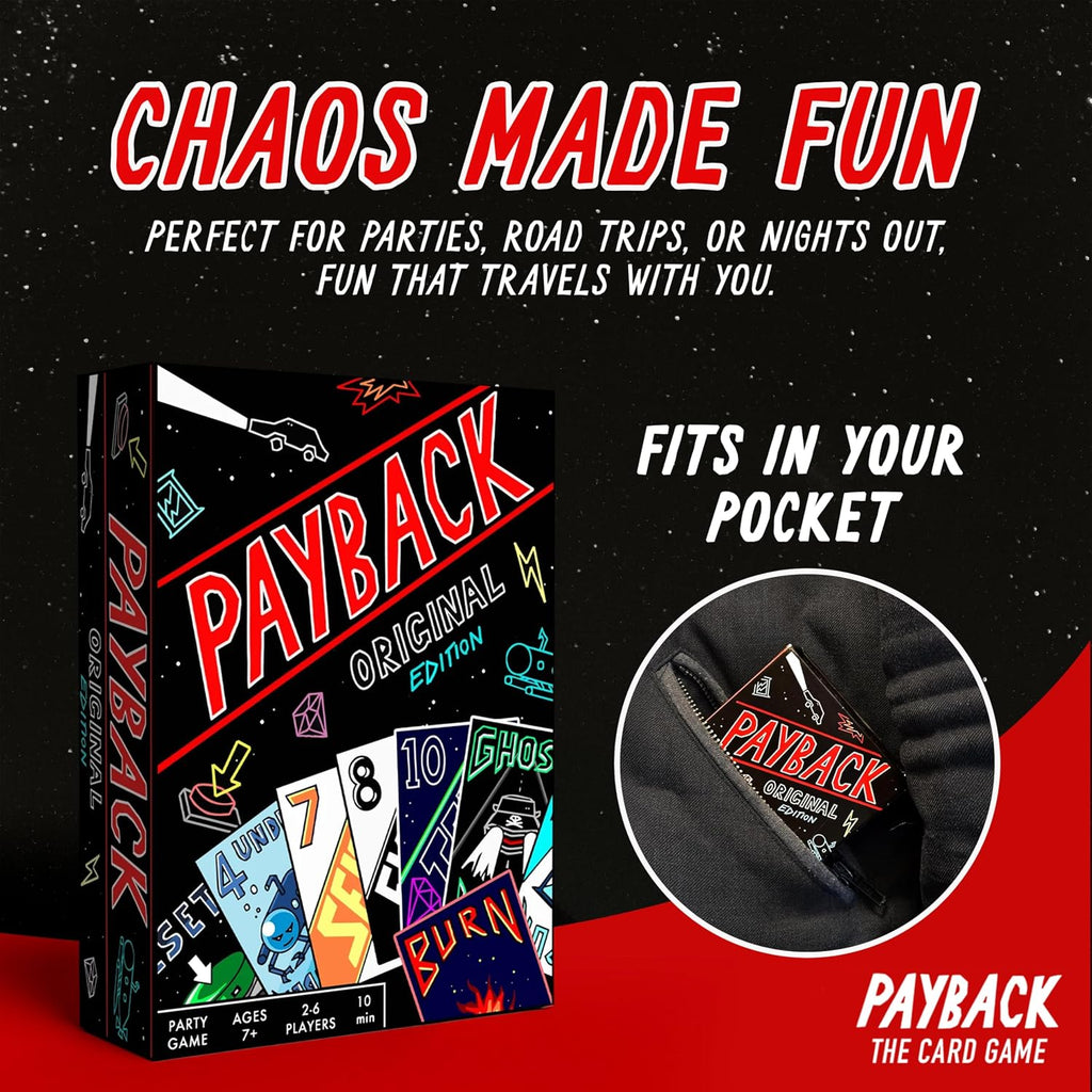 PAYBACK Edición original: divertidos juegos de cartas familiares con traición, estrategia y caos para adolescentes y adultos, fiesta de ritmo rápido y juego de viaje, ideal para adolescentes, amigos y familias