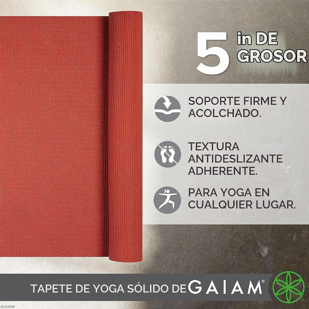 Gaiam - Esterilla de yoga de calidad superior de 5mm, lisa, gruesa y antideslizante para todo tipo de ejercicios de yoga, pilates y gimnasia (173 cm x 61 cm x 5 mm)
