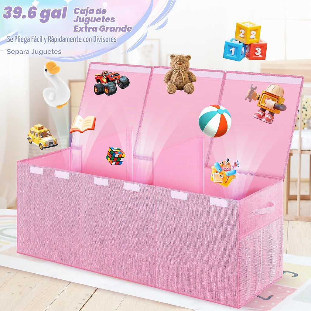 Caja de juguetes extra grande con tapa, cofre de almacenamiento plegable, 40"x16"x16" Rosado