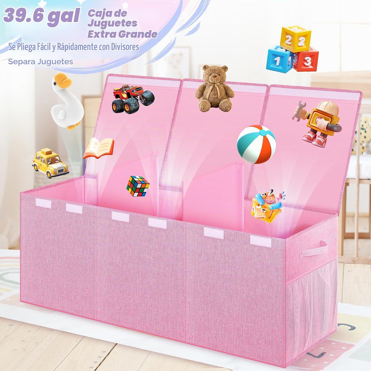 Caja de juguetes extra grande con tapa, cofre de almacenamiento plegable, 40"x16"x16" Rosado