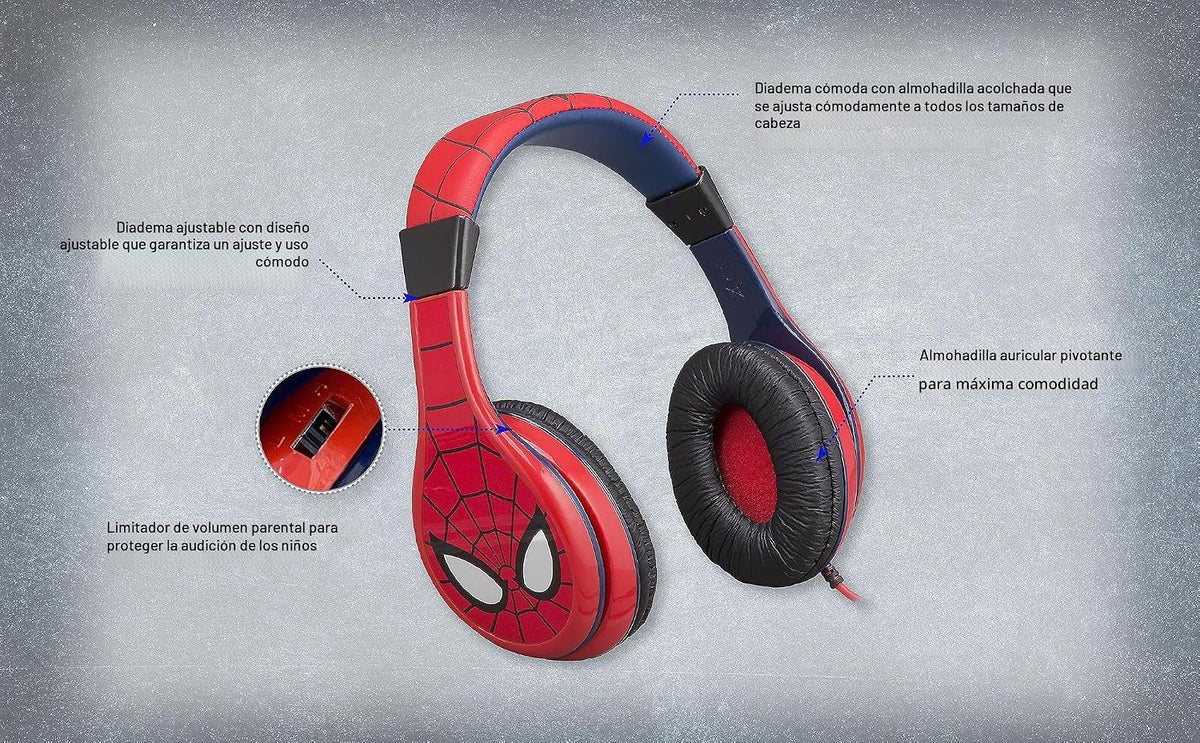 Auriculares Marvel Spiderman, auriculares para jóvenes con limitador de volumen incorporado y los niveles de sonido aptos para los niños