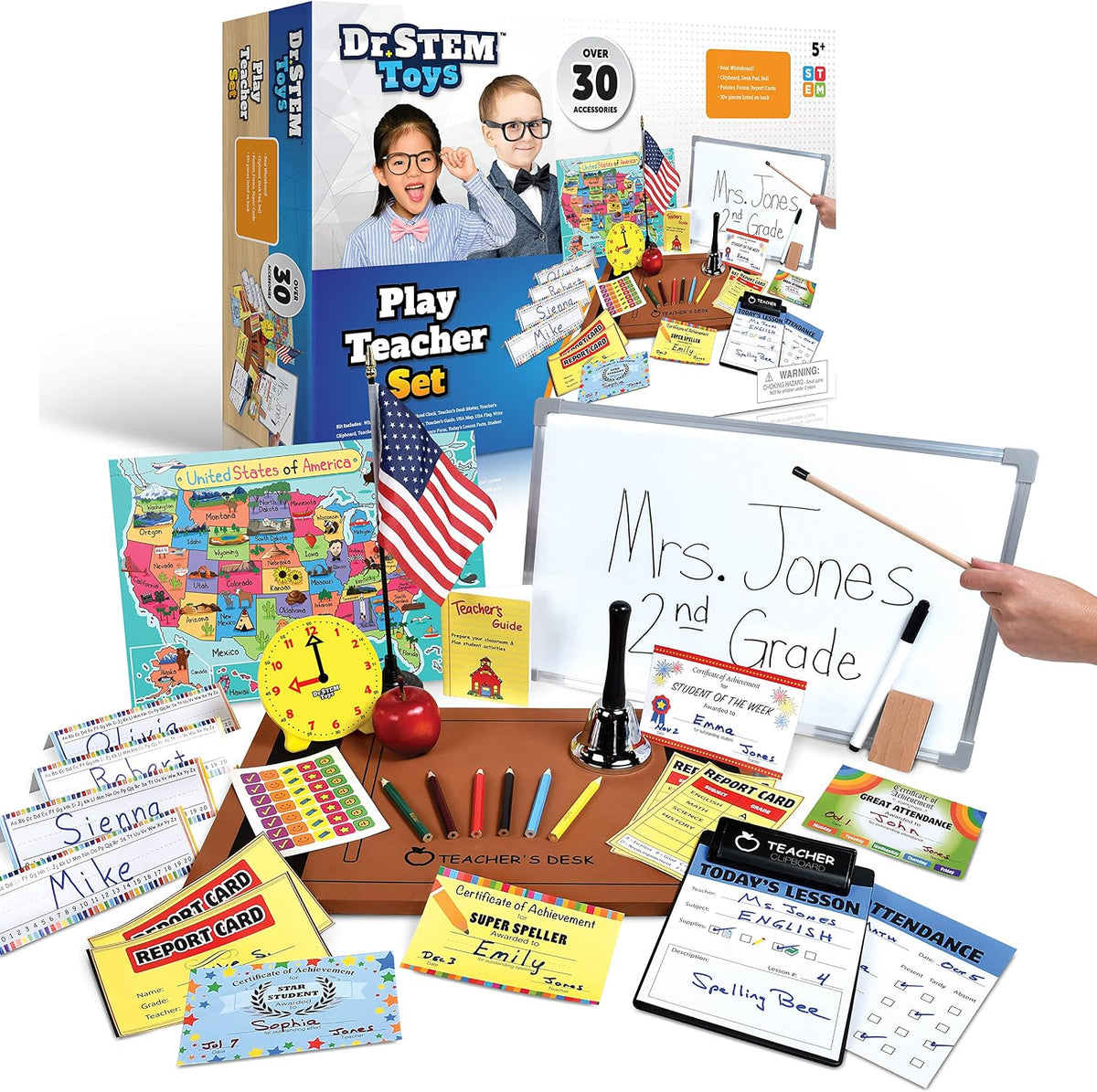 El juego de rol para profesores incluye pizarra blanca reutilizable, campana, tarjetas de calificaciones, para el hogar o el aula, más de 30 piezas incluidas, regalo para niños, juego completo