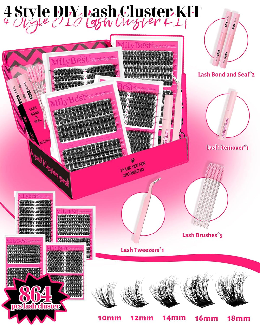 MilyBest Kit de racimos de pestañas de 4 estilos, 864 piezas, kit d...