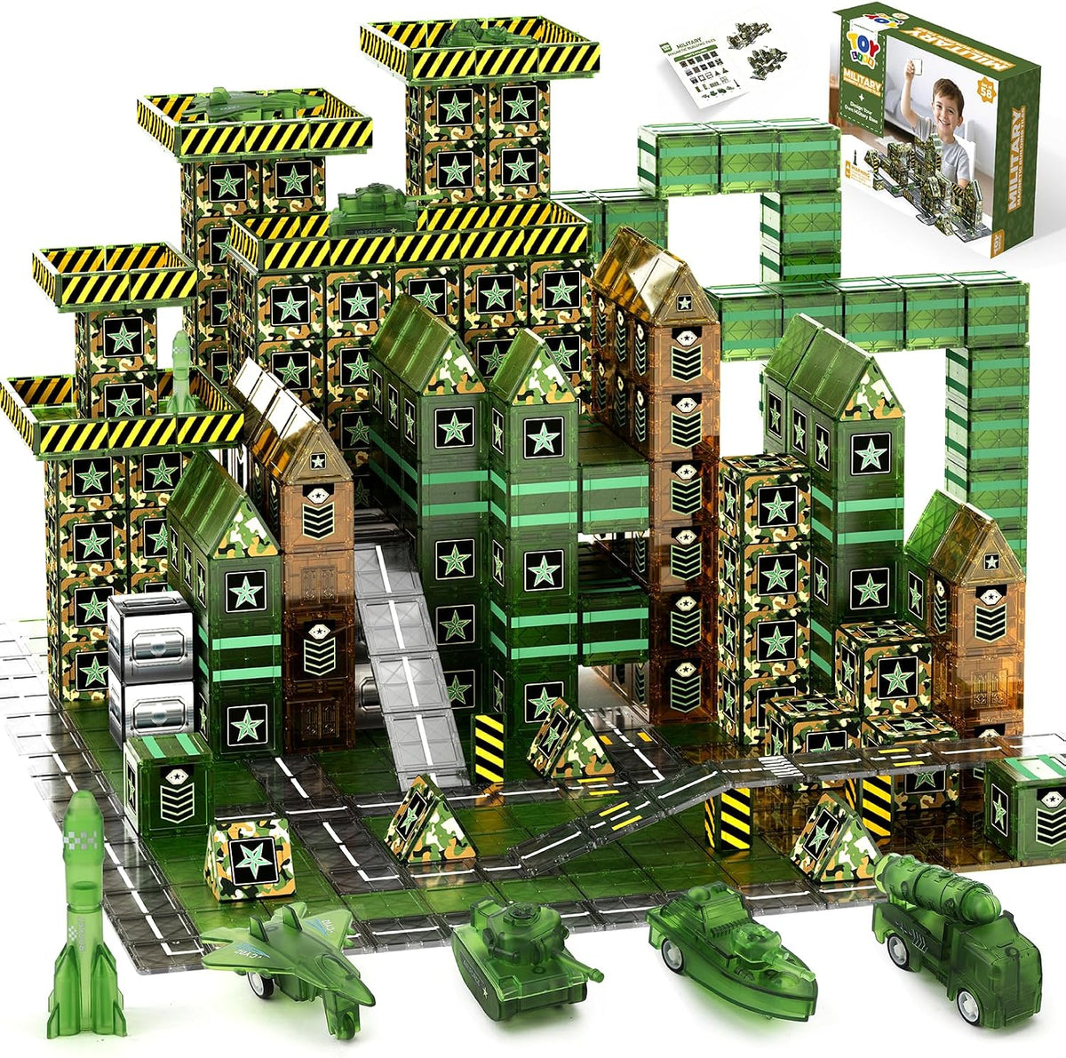 TOY Life - Juego de 58 piezas de azulejos magnéticos militares STEM para niños de 3 a 8 años