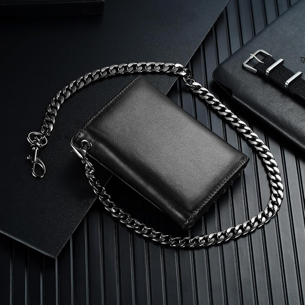 Cartera de cadena de cuero de grano completo: Cartera triple RFID