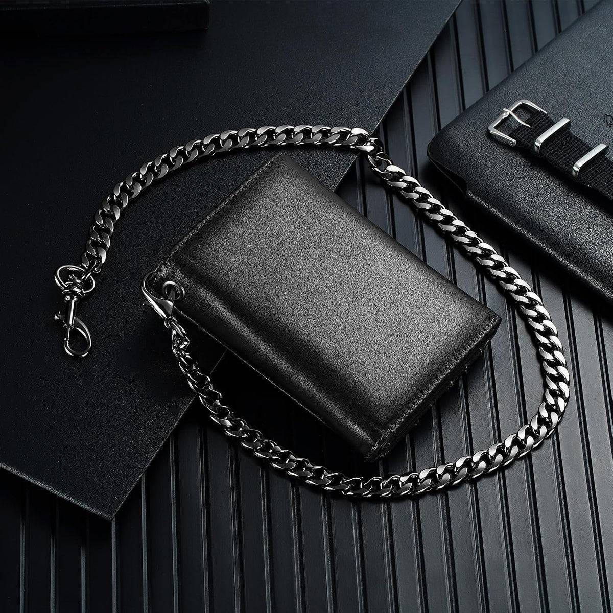 Cartera de cadena de cuero de grano completo: Cartera triple RFID