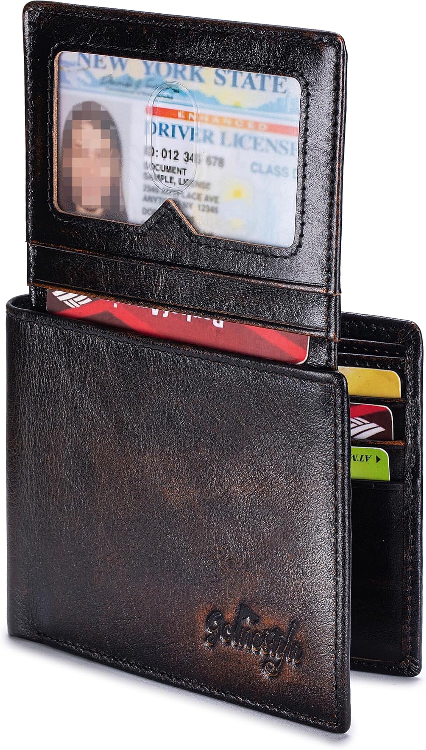 Cartera plegable de cuero de grano superior para hombre, con bloqueo RFID, gran capacidad, espaciosa, 9 ranuras para tarjetas, 2 ventanas para identificación, 2 bolsillos para efectivo