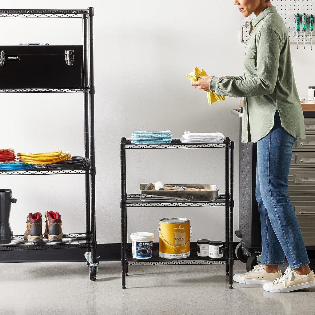 Amazon Basics 3-estante ajustable, unidad de almacenamiento de alta resistencia (capacidad de carga de 250 lbs por estante), rack de alambre organizador de acero, negro (23.3L x 13.4W x 30H)