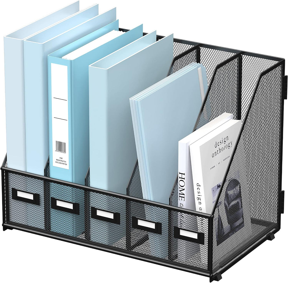 Organizador de escritorio de metal para revistas, con 5 compartimentos verticales, organizador de archivos para escritorio de oficina, aula, espacio de trabajo en casa, color negro
