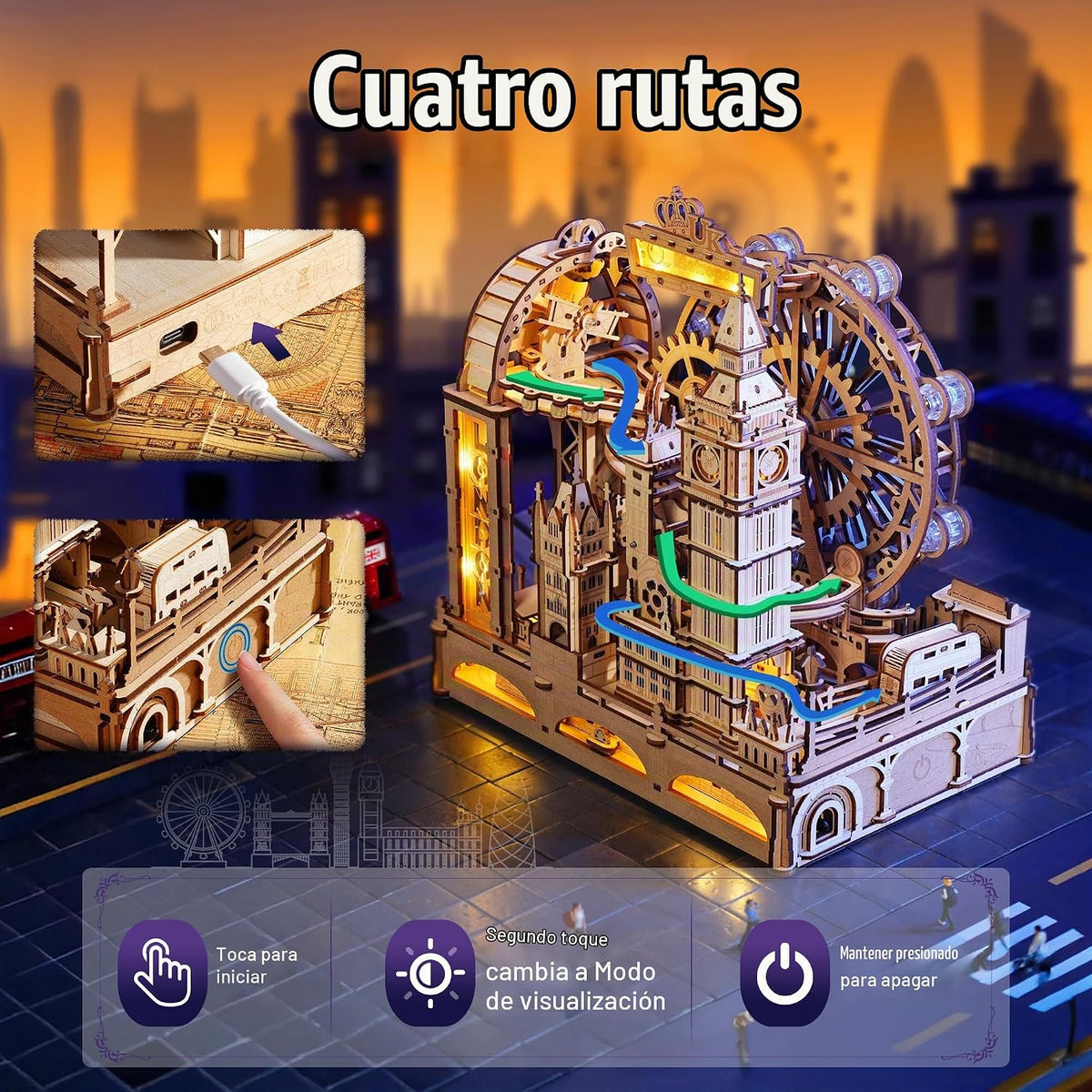 ROKR Marble Travel London, 3D Wooden Puzzles para Adults, Marble Run Kit Adults a Build, 3D Wooden Puzzle con LED, Unique Gift para Men Women
