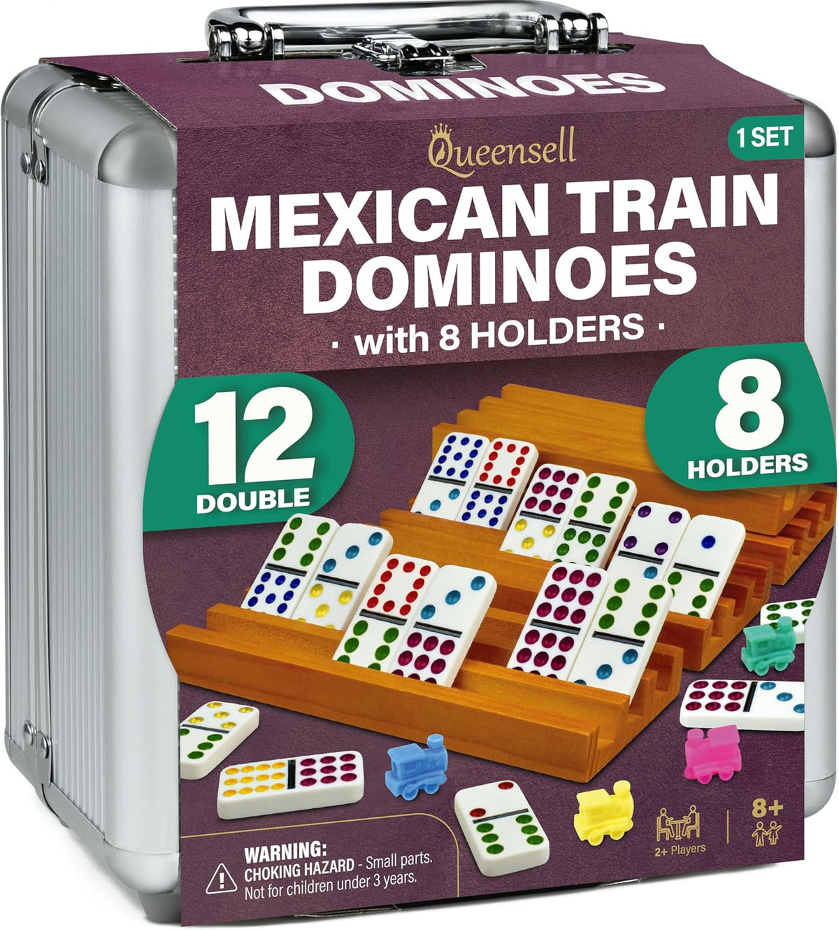 Queensell Juego de dominó de tren mexicano con 8 soportes, cubo de madera y soportes para azulejos, 12 azulejos dobles con puntos (D12 + 8 soportes)