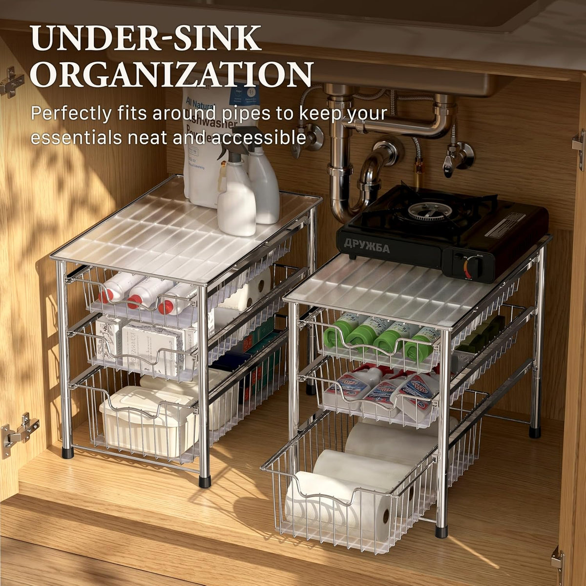 Simple Houseware - cajón organizador apilable de 3 niveles, color cromo
