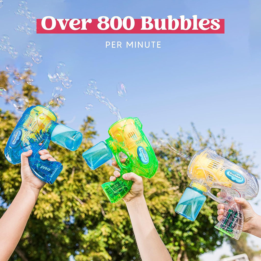 JOYIN 3 paquetes de pistolas de burbujas con 3 soluciones, máquina sopladora automática de burbujas para niños, recuerdos de fiesta, juguete de verano, cumpleaños, actividades al aire libre e interior