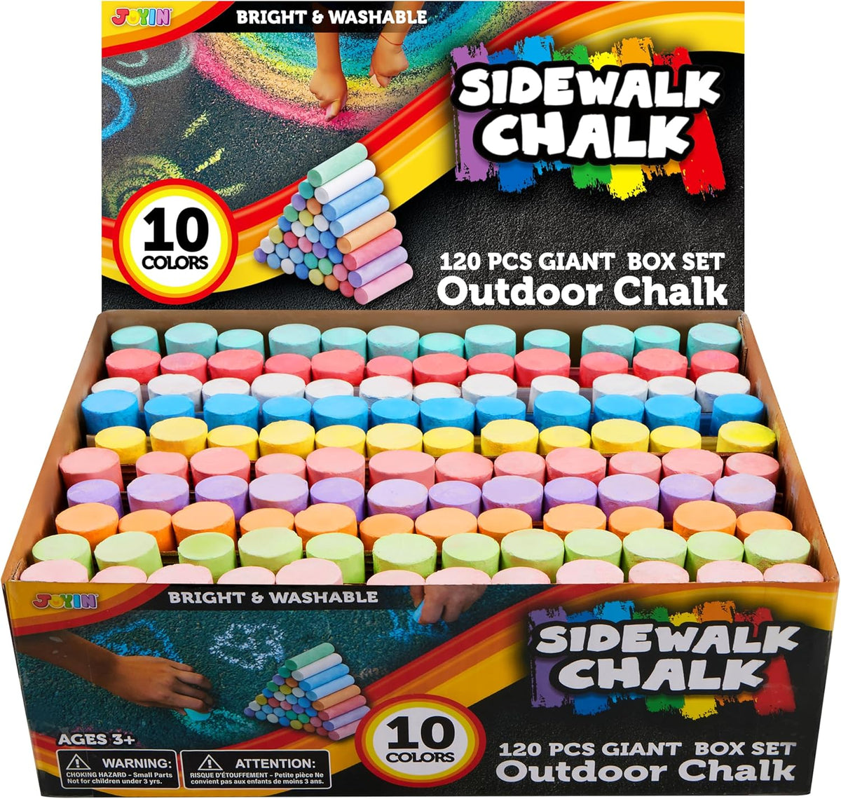 JOYIN 120 tizas para acera para niños, caja gigante, no tóxica, jumbo, color jumbo, lavable, tiza para acera para niños pequeños en 10 colores