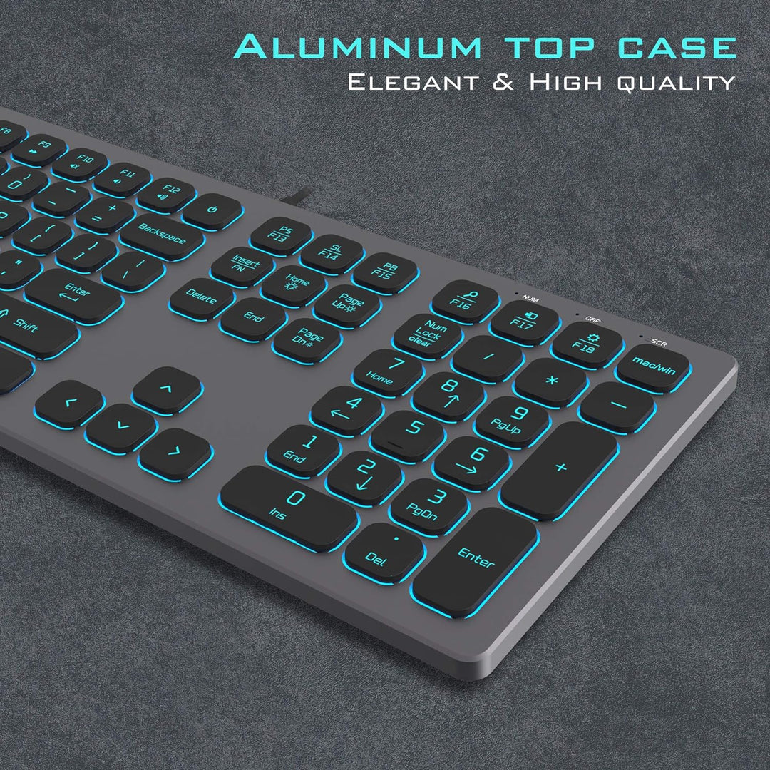 POWZAN Teclado de Aluminio Silencioso con Cable Retroiluminado - Te...