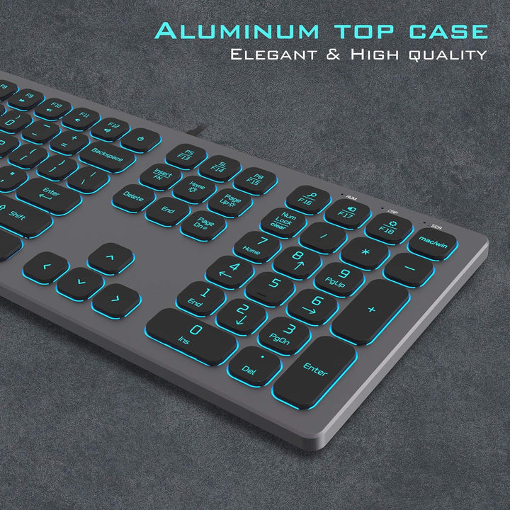 POWZAN Teclado de Aluminio Silencioso con Cable Retroiluminado - Te...