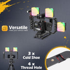 Zeadio Estabilizador de cámara para teléfono inteligente, kit de aparejo de video todo en uno con jaula para teléfono, luz de video RGB, micrófono, adaptador de cámara de acción, compatible con teléfonos inteligentes, cámara de acción, DSLR, cámaras, etc