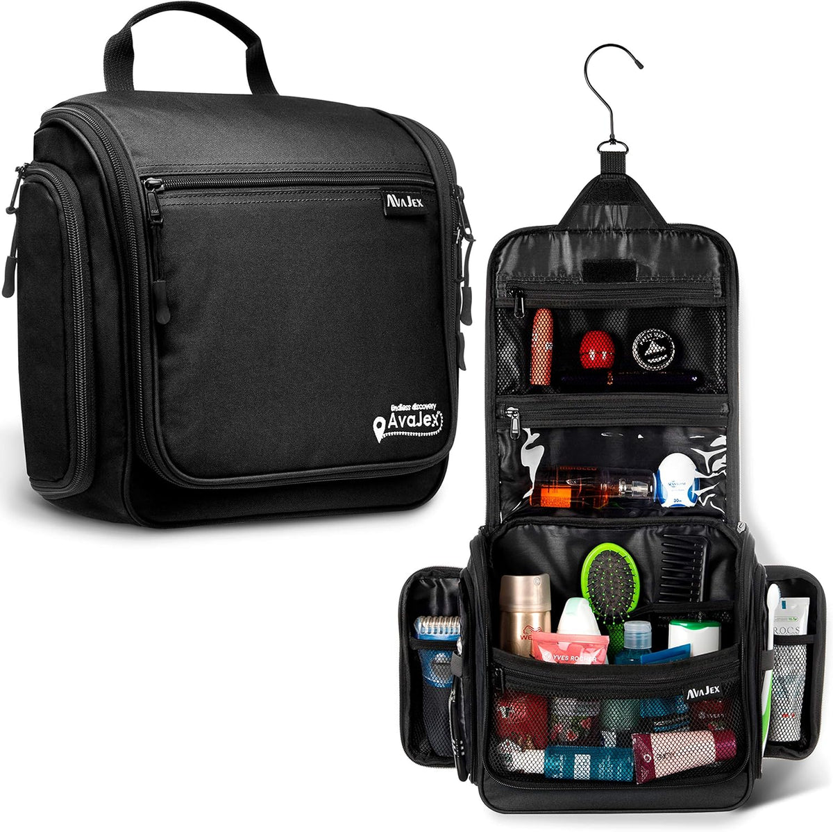 Neceser de viaje para hombres – Kit Dopp grande (10.6 x 10.6 x 3.2 pulgadas) – Bolsa organizadora de higiene impermeable colgante para hombre con gancho giratorio de metal XXL, cremalleras