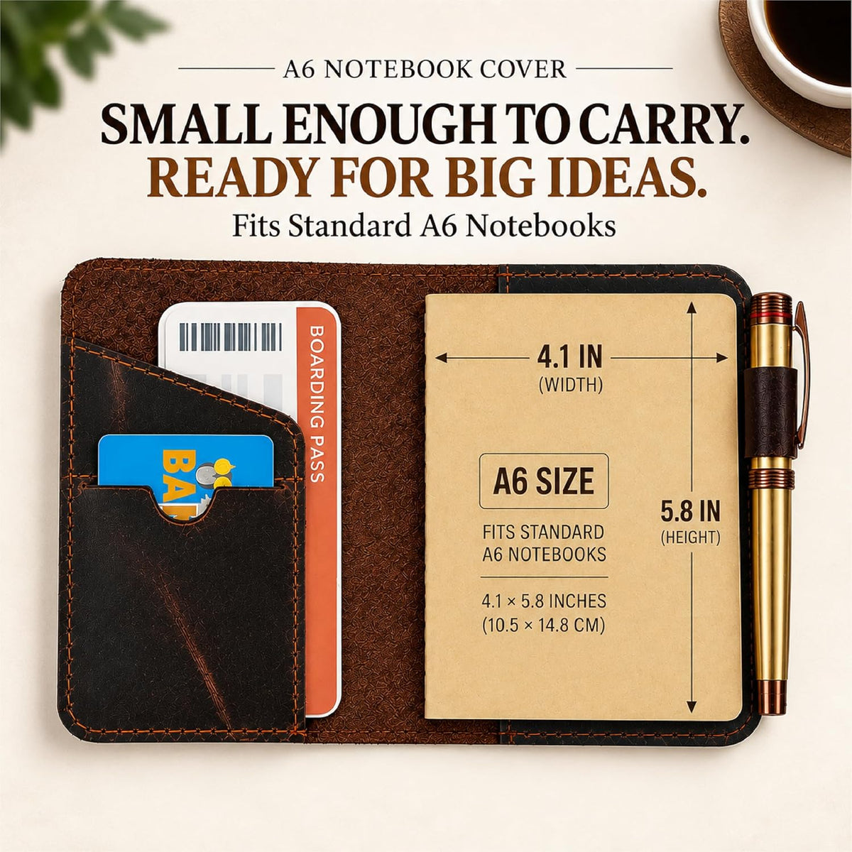 Funda de cuero genuino para diario de campo recargable A6 | 4.1 x 5.8 pulgadas hecha a mano de cuero envejecido cubierta de diario de viaje