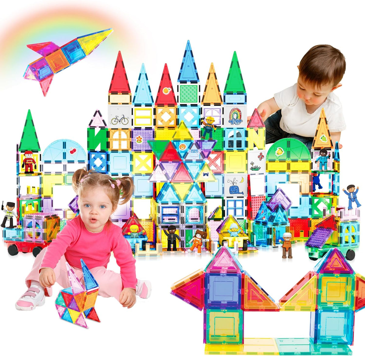 PicassoTiles Bloque de construcción magnético mega juego de 350 piezas de bloques de construcción de azulejos magnéticos con base de automóvil, figuras de personajes, marcadores, pizarra blanca, libro de ideas de más de 110 páginas incluido para