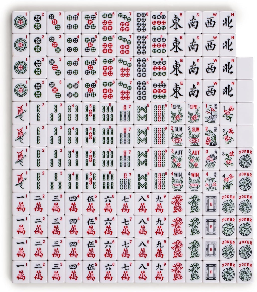 Yellow Mountain Imports American Mahjong Set, Harbor Mint con bolsa de lona beige y azul, 4 estantes todo en uno con empujadores, monedas de puntuación Wright Patterson, dados e indicador de viento