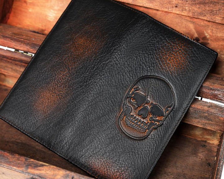 DK86 Cartera larga de calavera para hombre, cuero de grano completo...