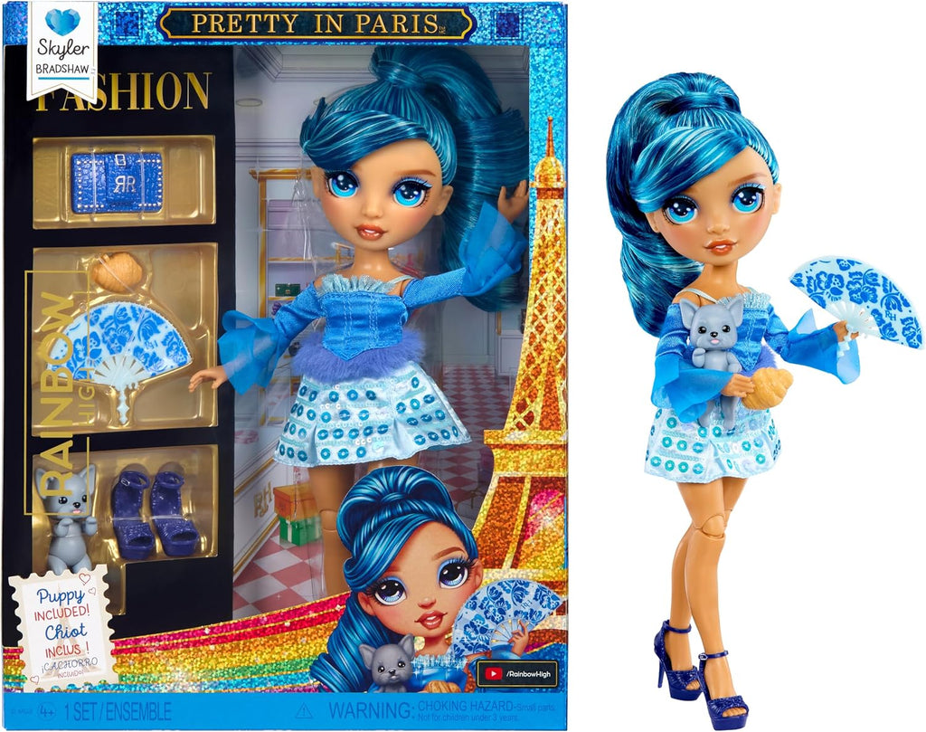 Rainbow High Pretty in Paris Fashion Skyler Bradshaw (azul), muñeca de moda arcoíris de 11 pulgadas con atuendo, bolso elegante, regalo de juguete para niñas de 4 a 12 años