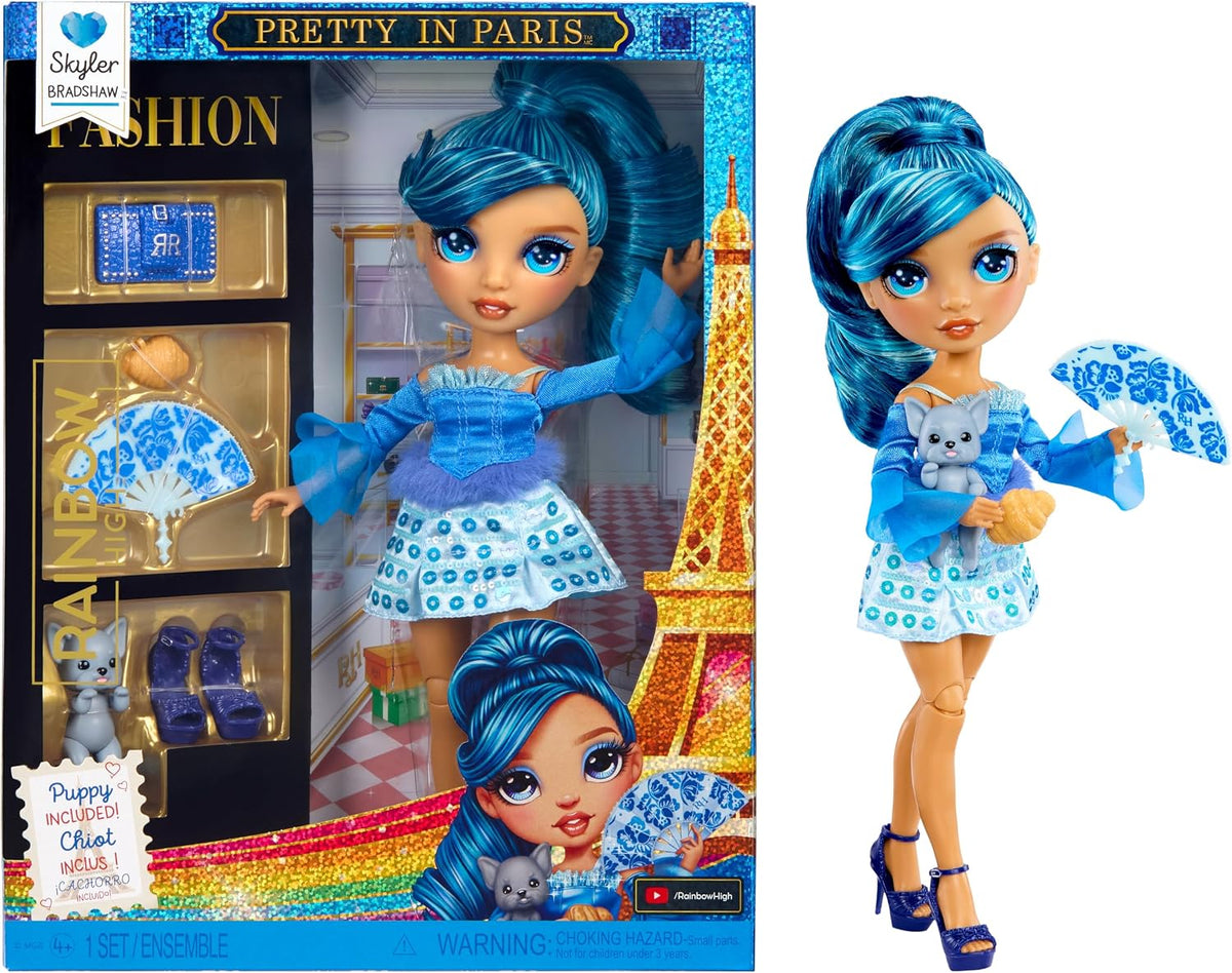 Rainbow High Pretty in Paris Fashion Skyler Bradshaw (azul), muñeca de moda arcoíris de 11 pulgadas con atuendo, bolso elegante, regalo de juguete para niñas de 4 a 12 años